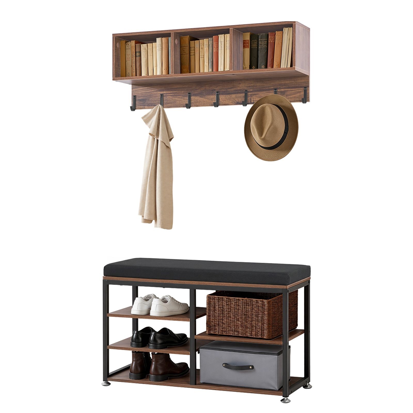 3 – in – 1 coat rack with shoe bench, hooks, and bookshelf, steel frame, rustic