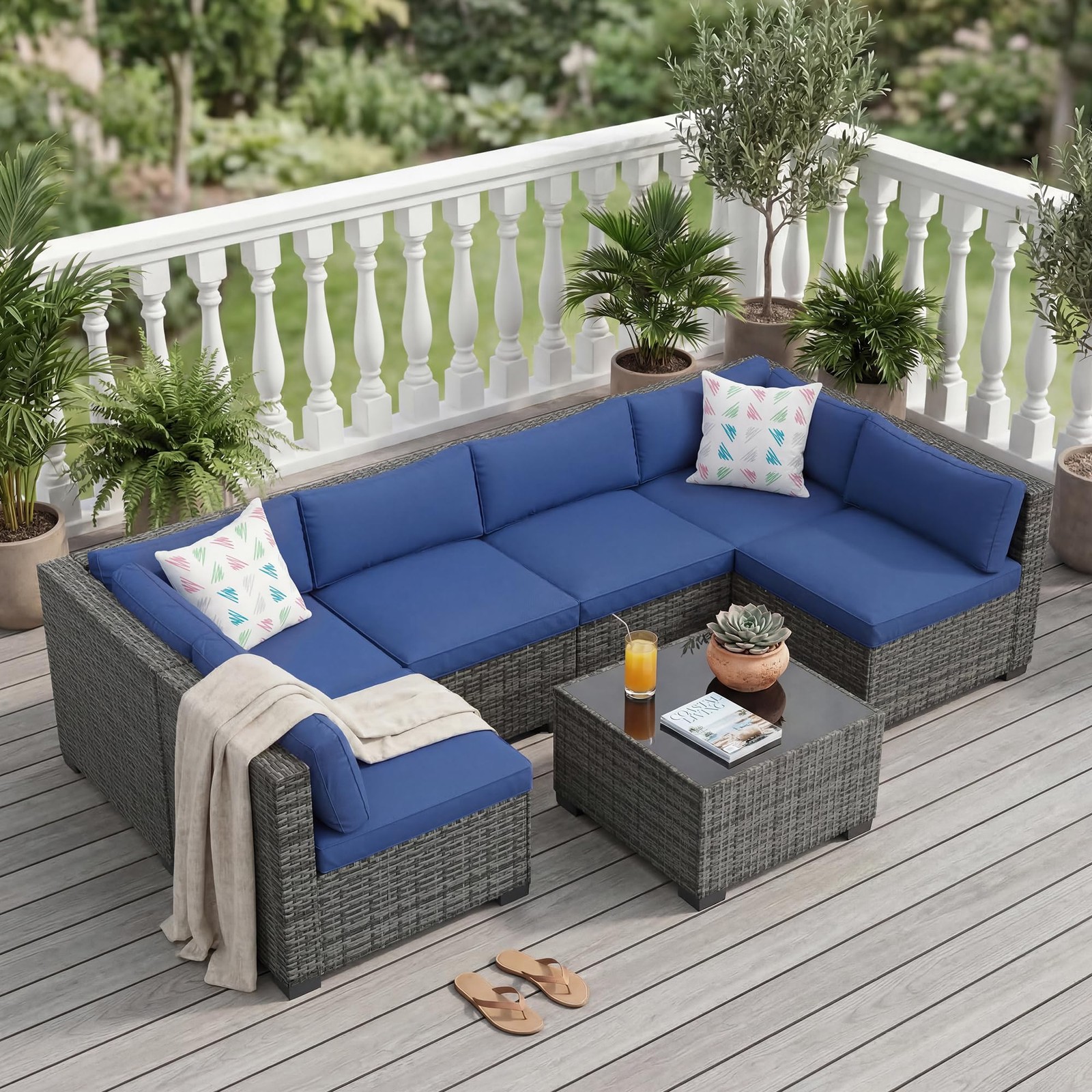 Modular Rattan Patio Set 7Pcs Sofa Coffee Table Thick Water-Resistant Cushions