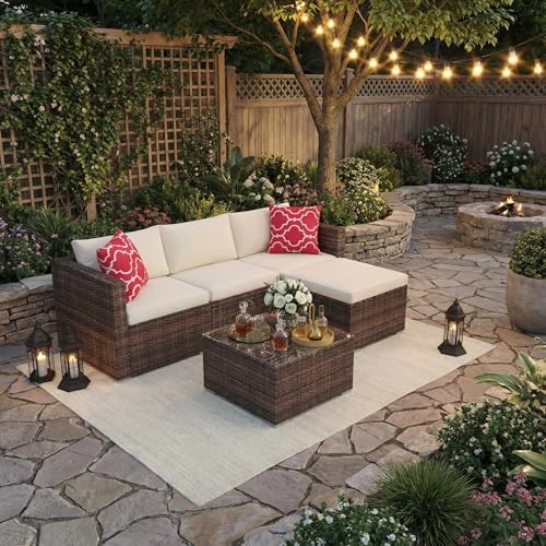 5 Piece L Shaped Patio Set Brown Wicker