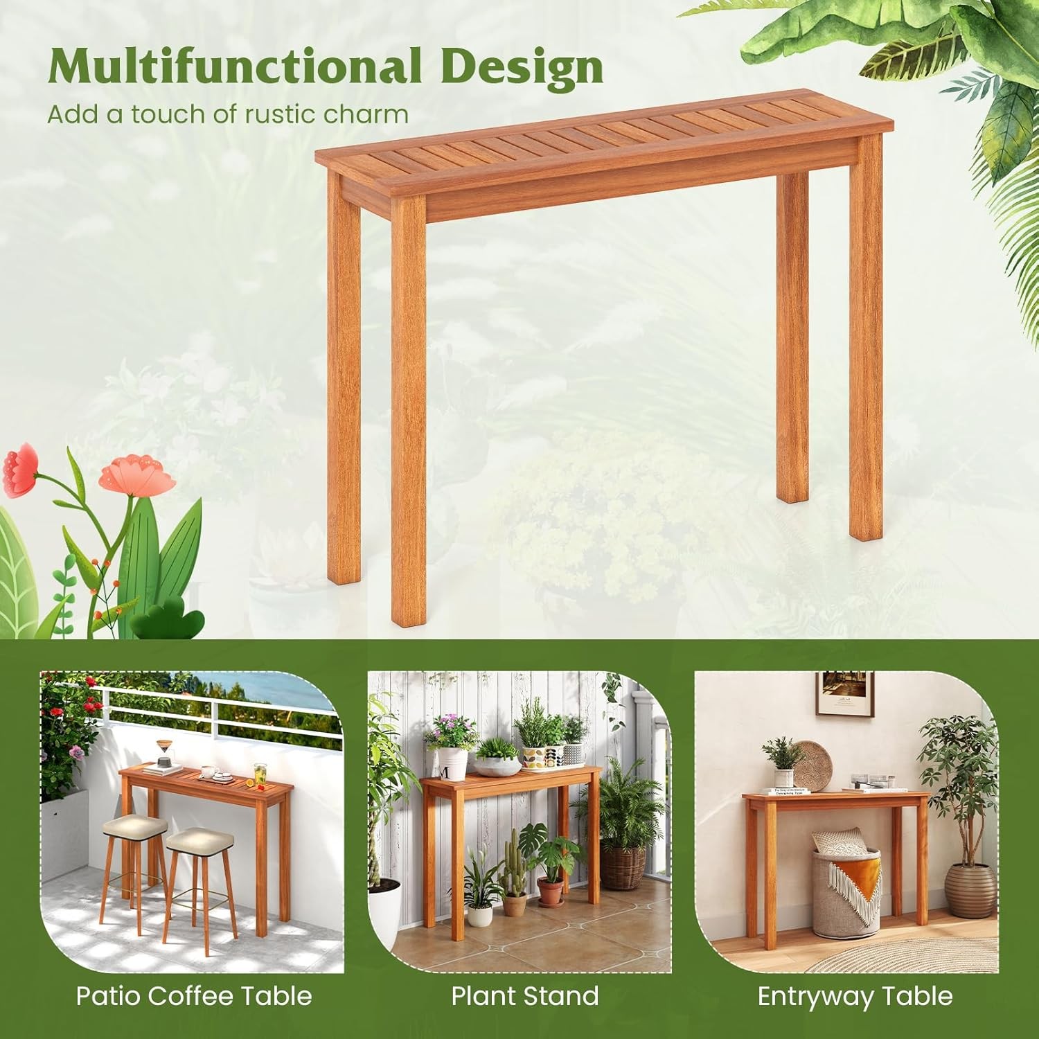Narrow Outdoor Dining Table, Solid Wood Furniture Patio Console Table with