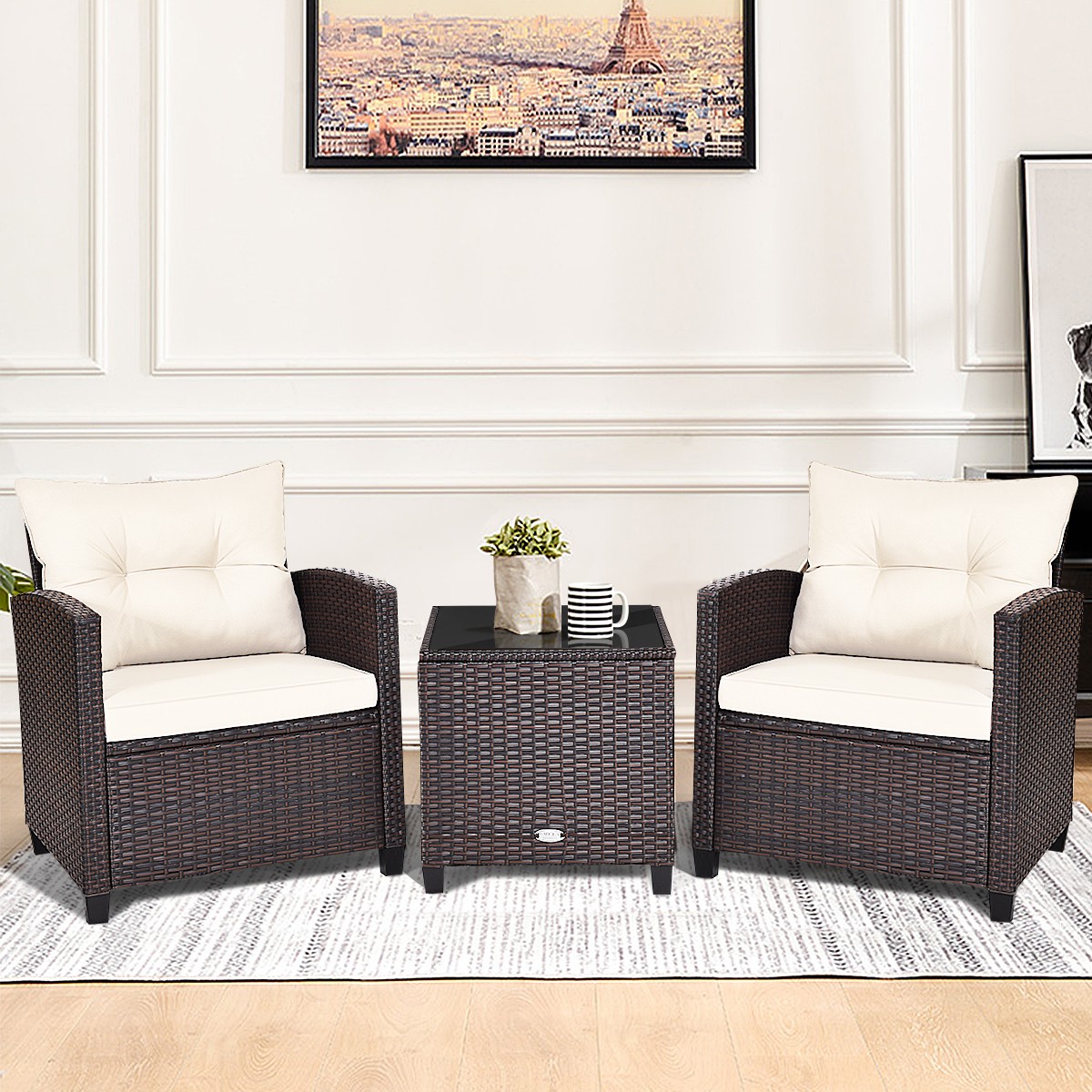 3PCS Patio Rattan Furniture Set Cushioned Sofa Coffee Table Garden off White