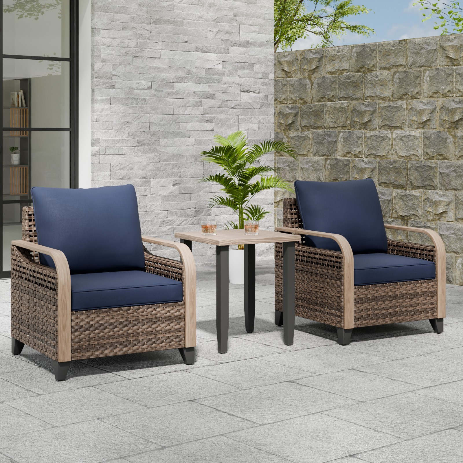 EAGLE PEAK 3 Piece Patio Furniture Set w/Wicker Outdoor Chairs & Side Table