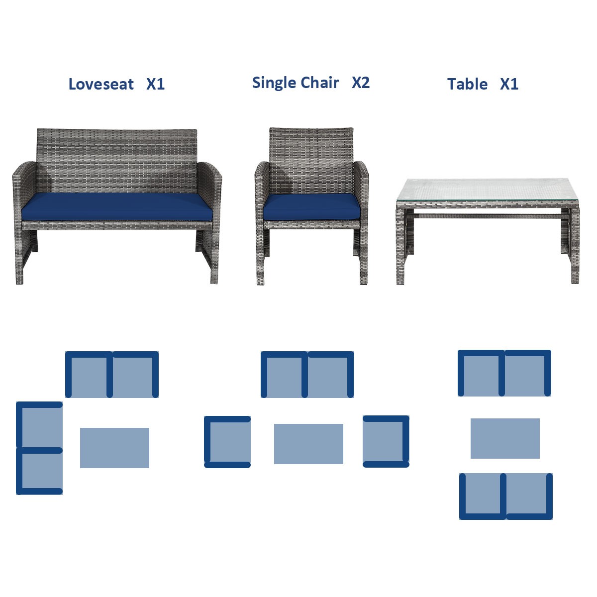 Patio 4PCS Rattan Furniture Set Conversation Glass Table Top Sofa Cushioned Navy