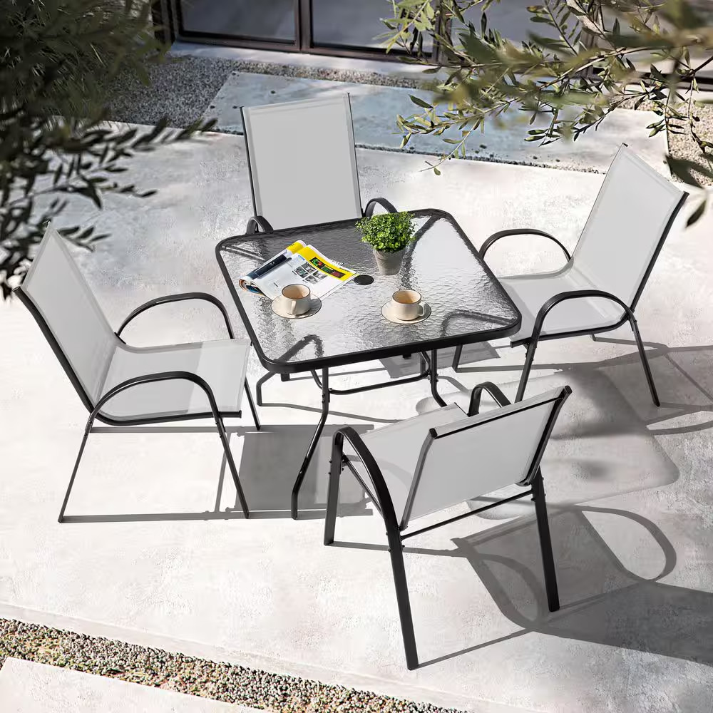Black 5-Piece Metal and Textilene Square Outdoor Dining Set with Stackable Chair