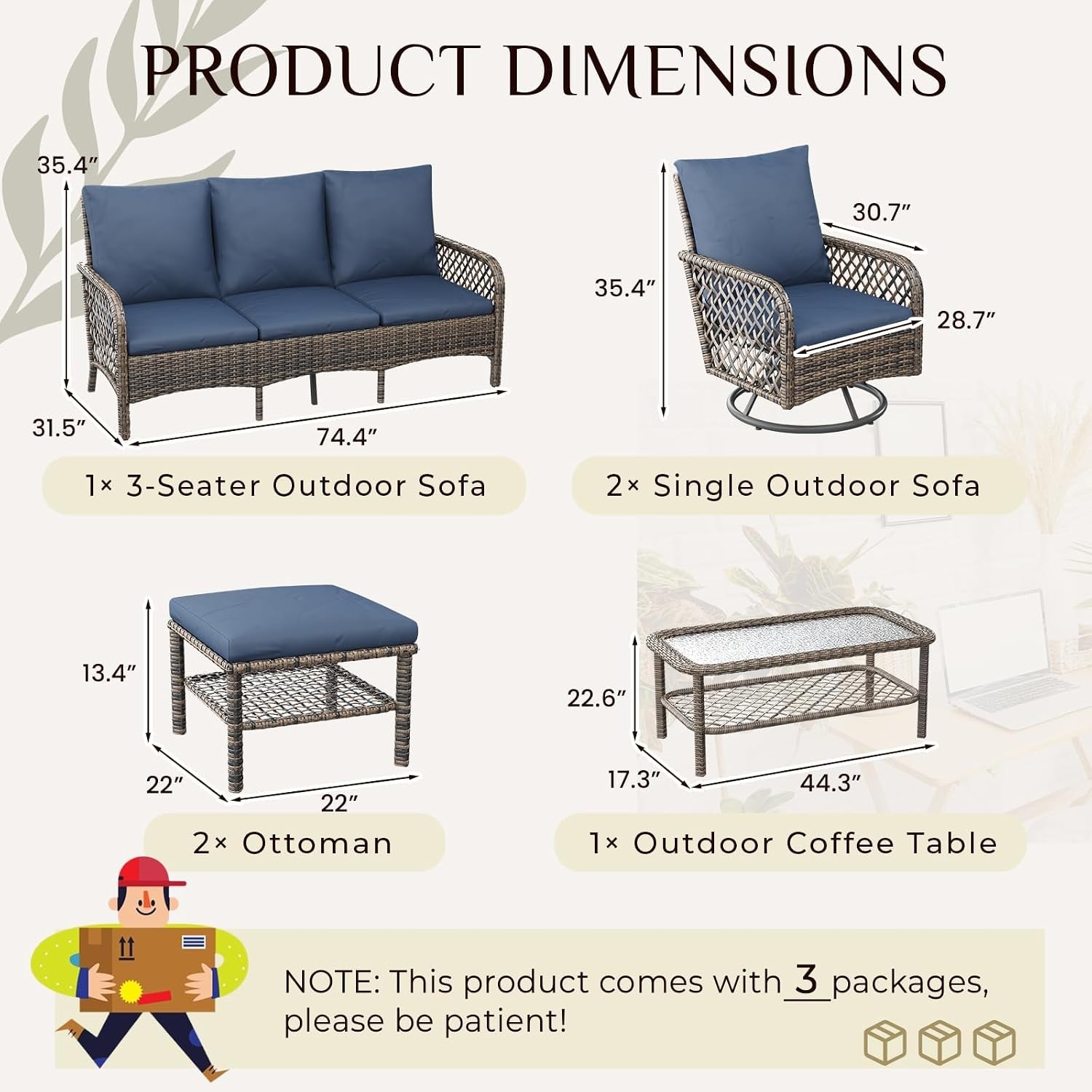 Patio Furniture Set 6PCS PE Brown Wicker Sofa & Swivel Rocker Chairs