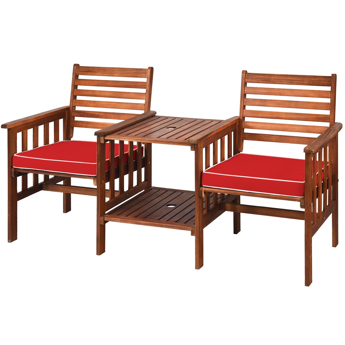 Patio Loveseat Set Acacia Wood Chair Coffee Table Cushioned Umbrella Hole Red