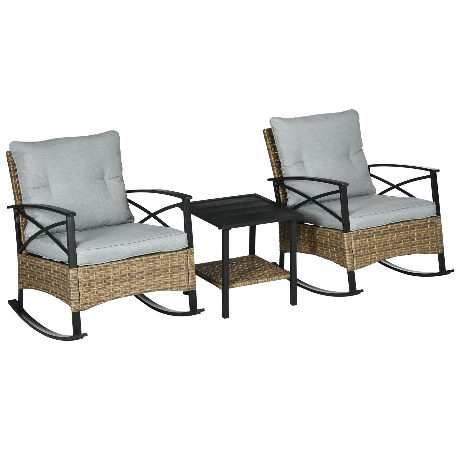 3pc Rocking Chair Set w/ Cushions, Wicker Bistro Set, Light Gray
