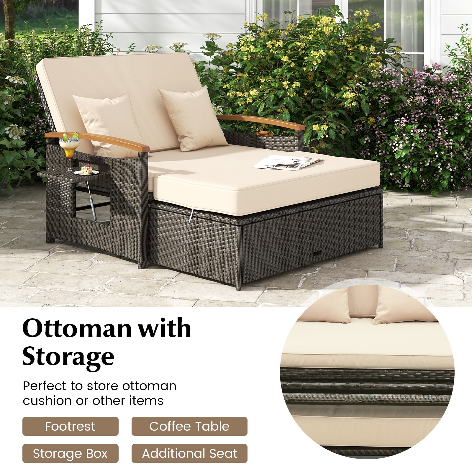 Patio Rattan Daybed Set with Cushioned Loveseat and Storage Ottoman Beige