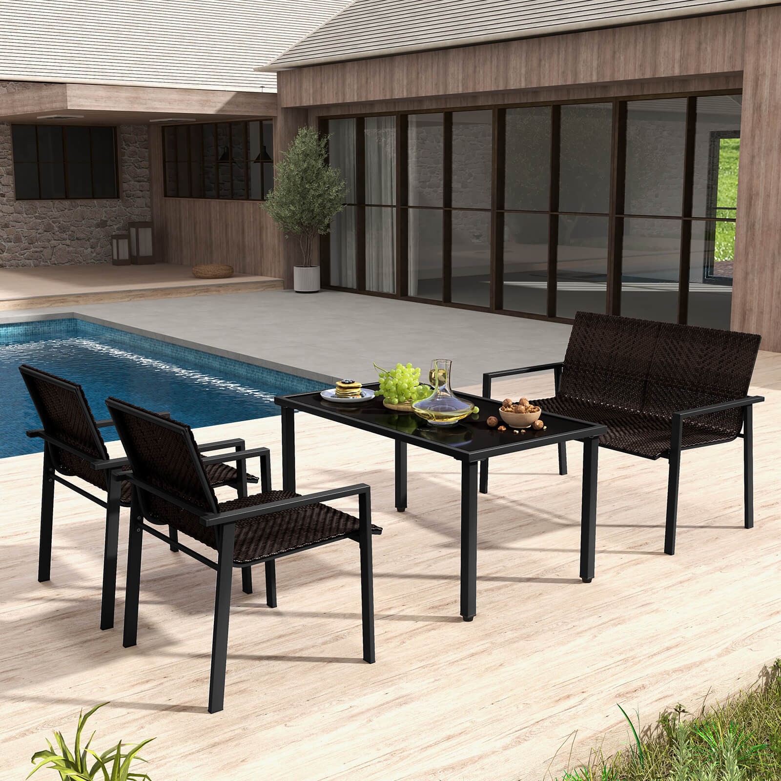 4 Pieces Outdoor Wicker Patio Conversation Furniture Set with Metal Frame