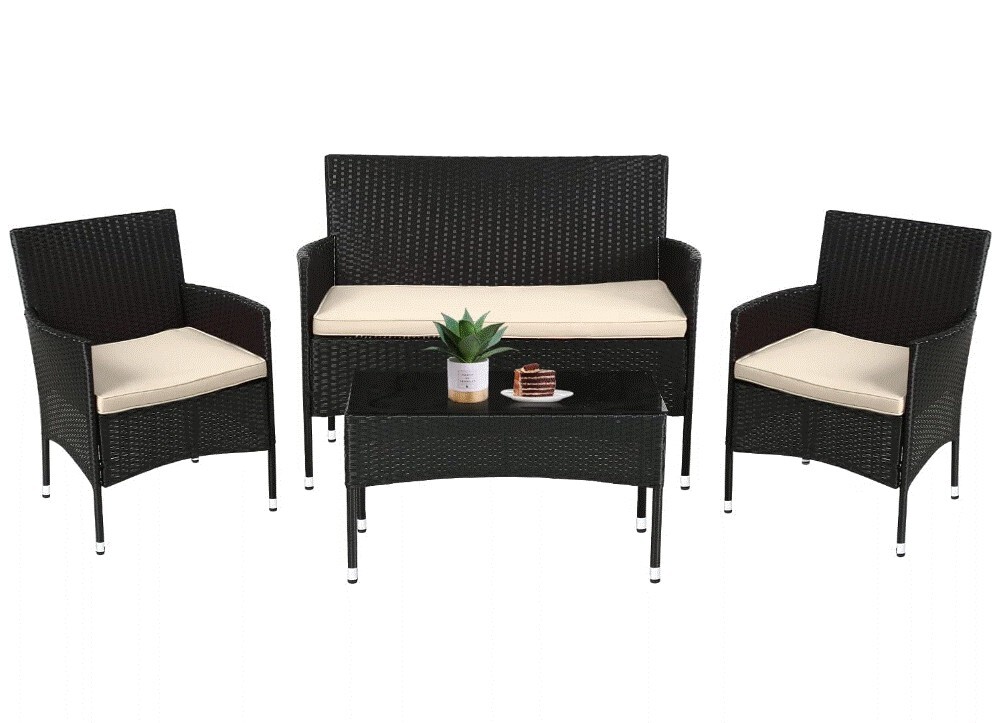 FDW Patio Furniture Set 4 Pieces Outdoor Rattan Chair Wicker Sofa Garden, Black