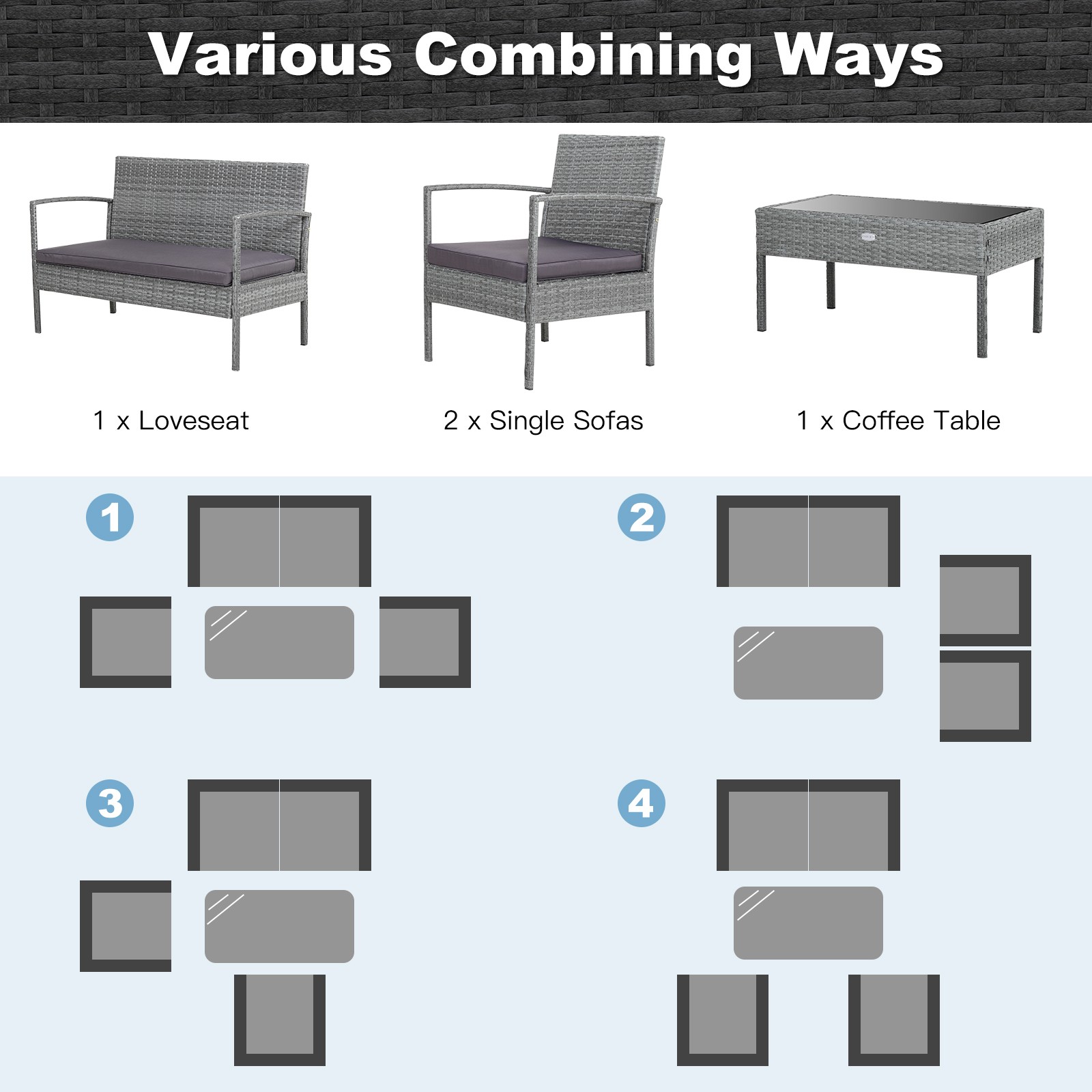 4 PCS Outdoor Rattan Furniture Set Patio Conversation Sofa Set Cushioned Grey