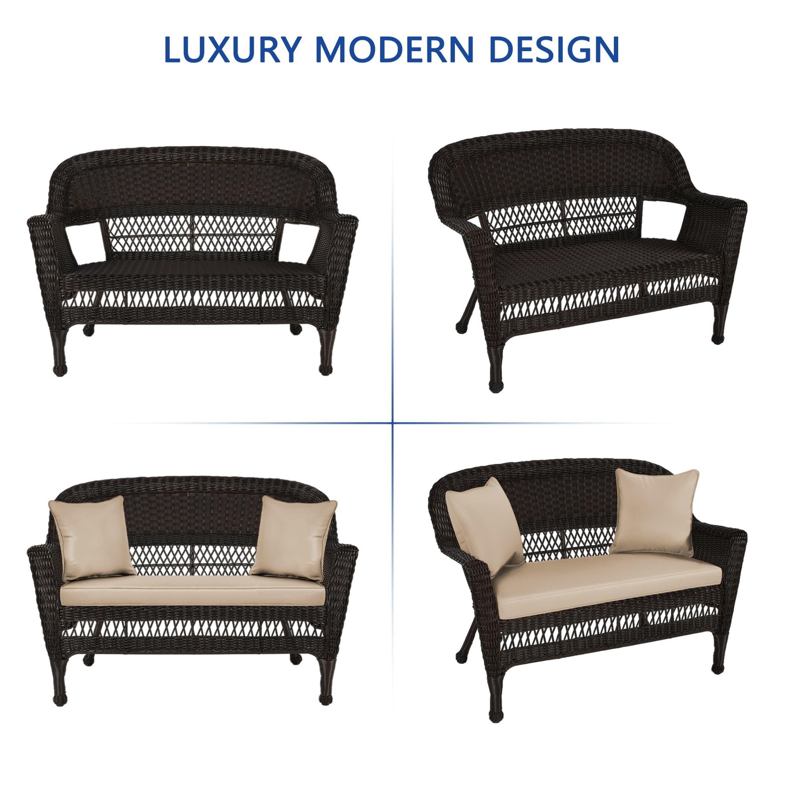 Pemberly Row Patio Love Seat and Coffee Table Set in Black with Tan Cushion