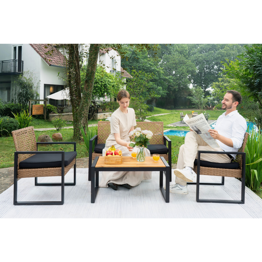 Patio Furniture Set Acacia Wood Table Top Morden Black & Light Brown