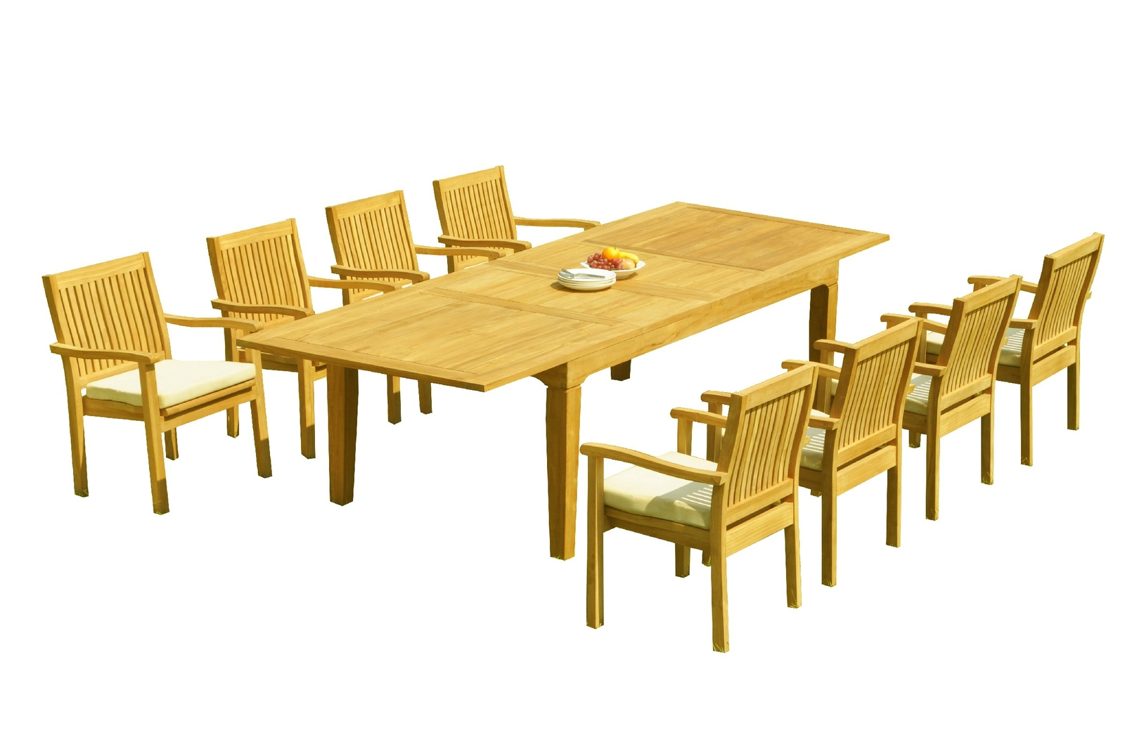 A-Grade Teak 9pc Dining Caranas Rectangle Table Leveb Stacking Arm Chairs Set