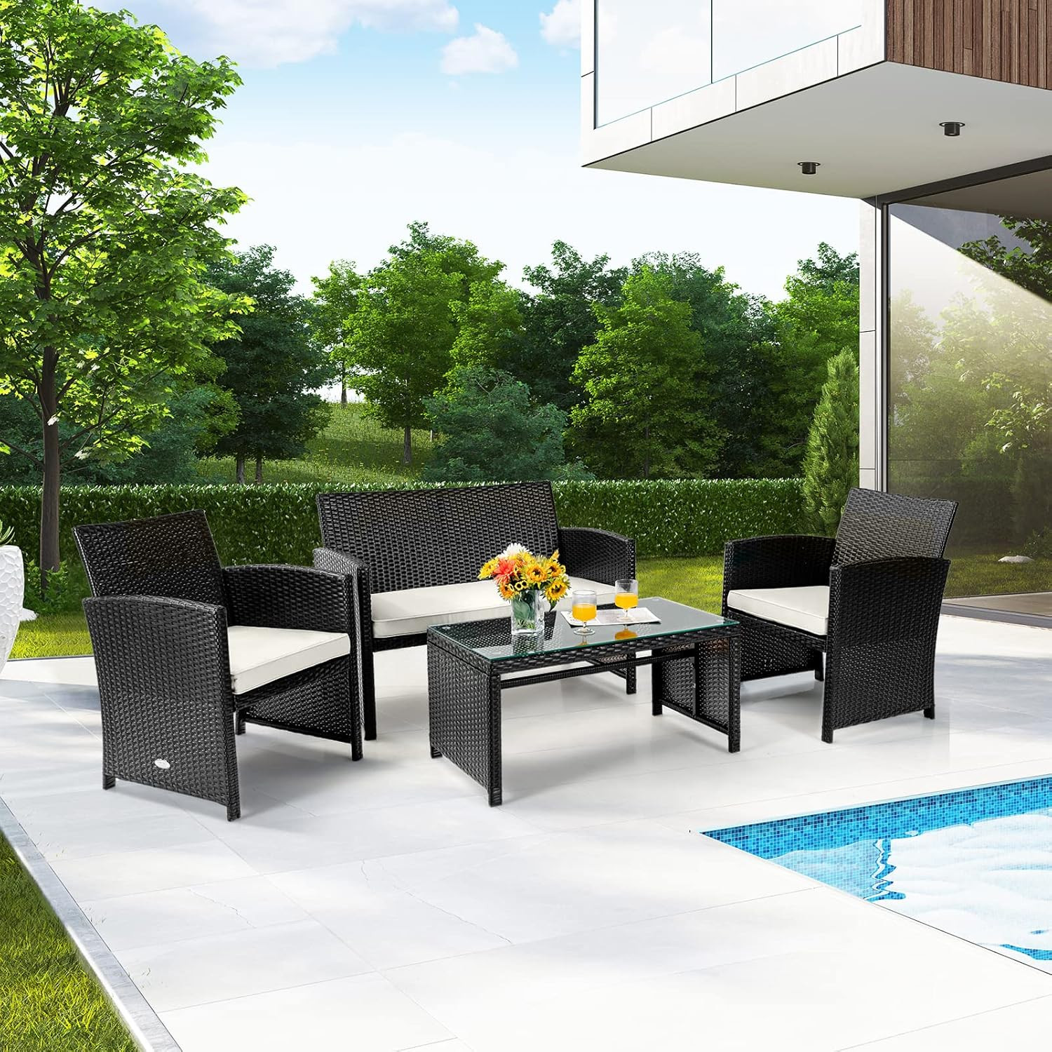 Stylish 4-Piece Outdoor Rattan Sofa Set with Cushions and Coffee Table
