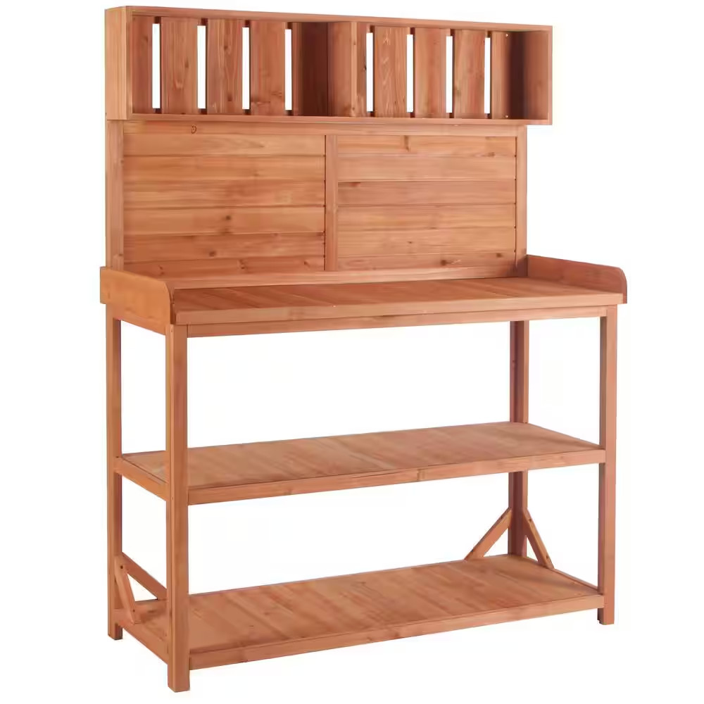 Large Wooden Farmhouse Rustic Outdoor Potting Bench Table, Patio Workstation, Ga