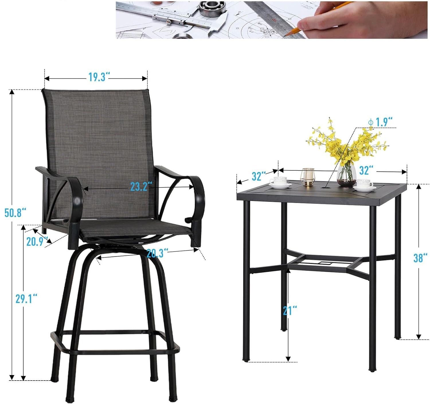 5 PCS Patio Bar Table Chair Set Swivel Bar Height Chair Bar Stools Outdoor Table