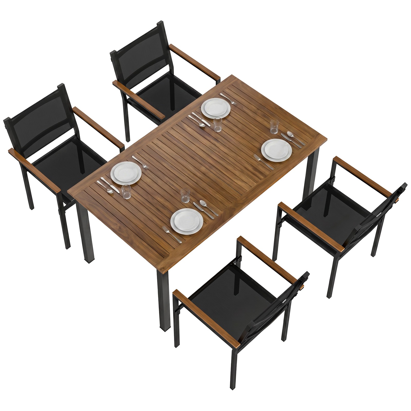 Outdoor Dining Set for 4, Acacia Wood Table and Stackable Chairs