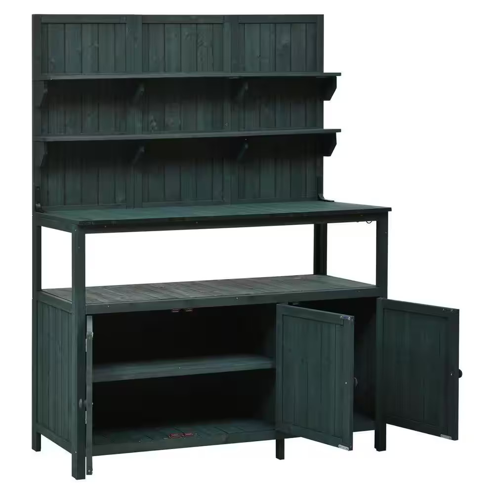 50 In. Outdoor Farmhouse Fir Wood Garden Potting Bench Table with Cabinet and Op