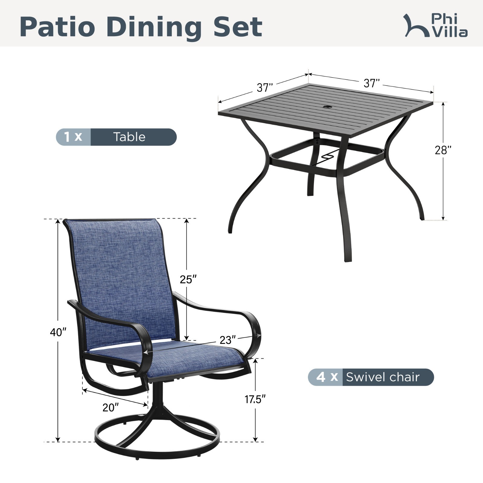 5PCS Outdoor Patio Dining Set Square Table with Umbrella Hole Swivel Armchairs