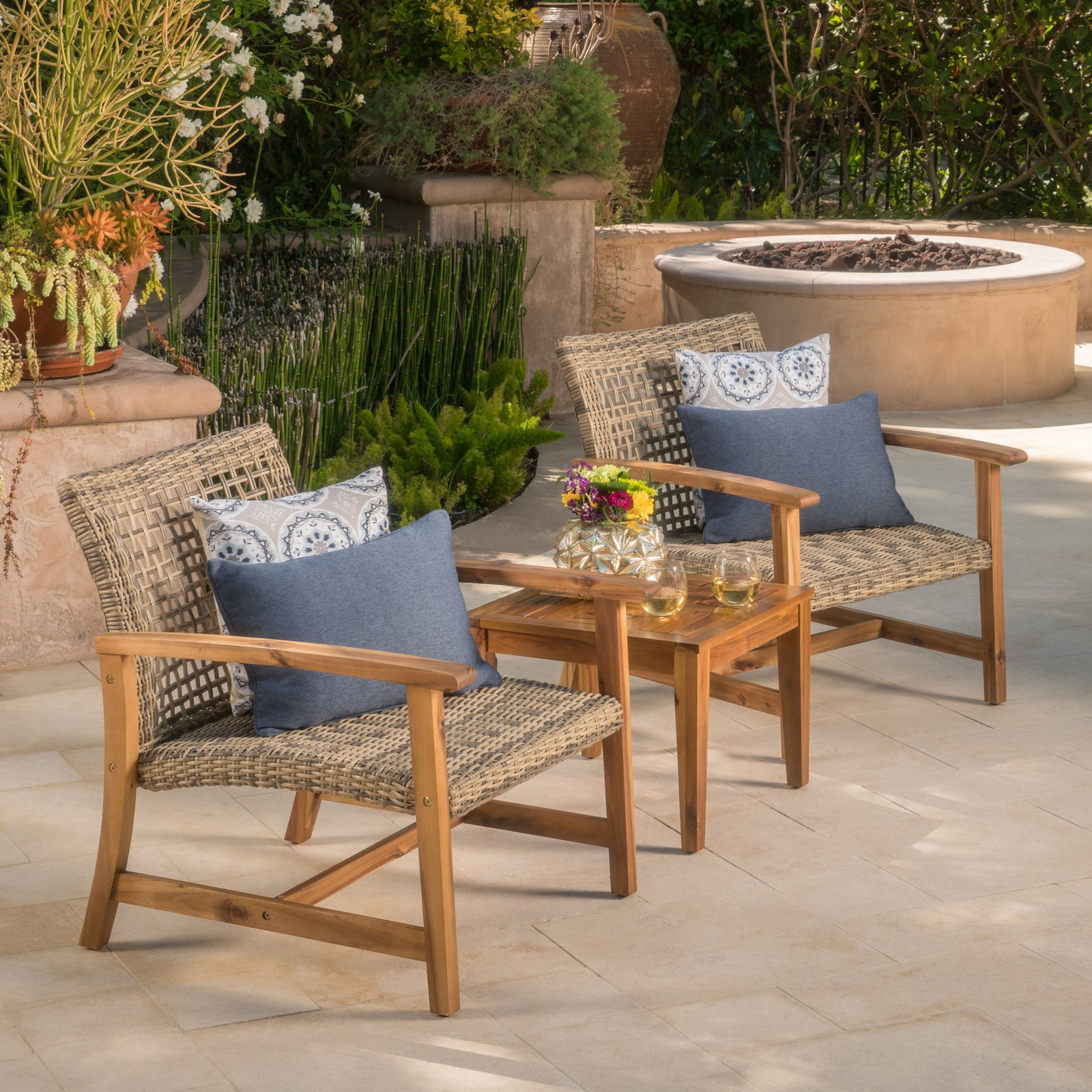 Acacia Wood Wicker Club Chairs, 2-Piece Set, Natural Grey