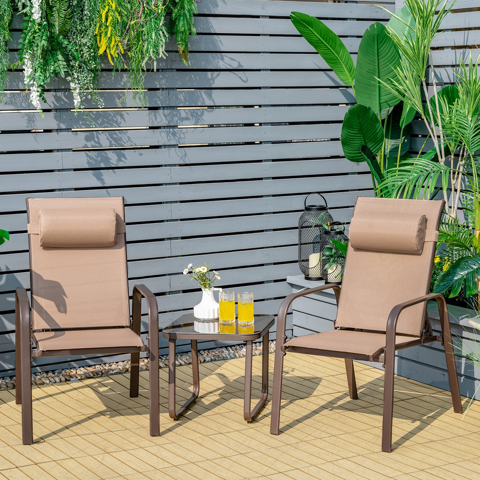 3PCS Outdoor Bistro Set Patio Conversation Set w/ Adjustable Backrest Brown