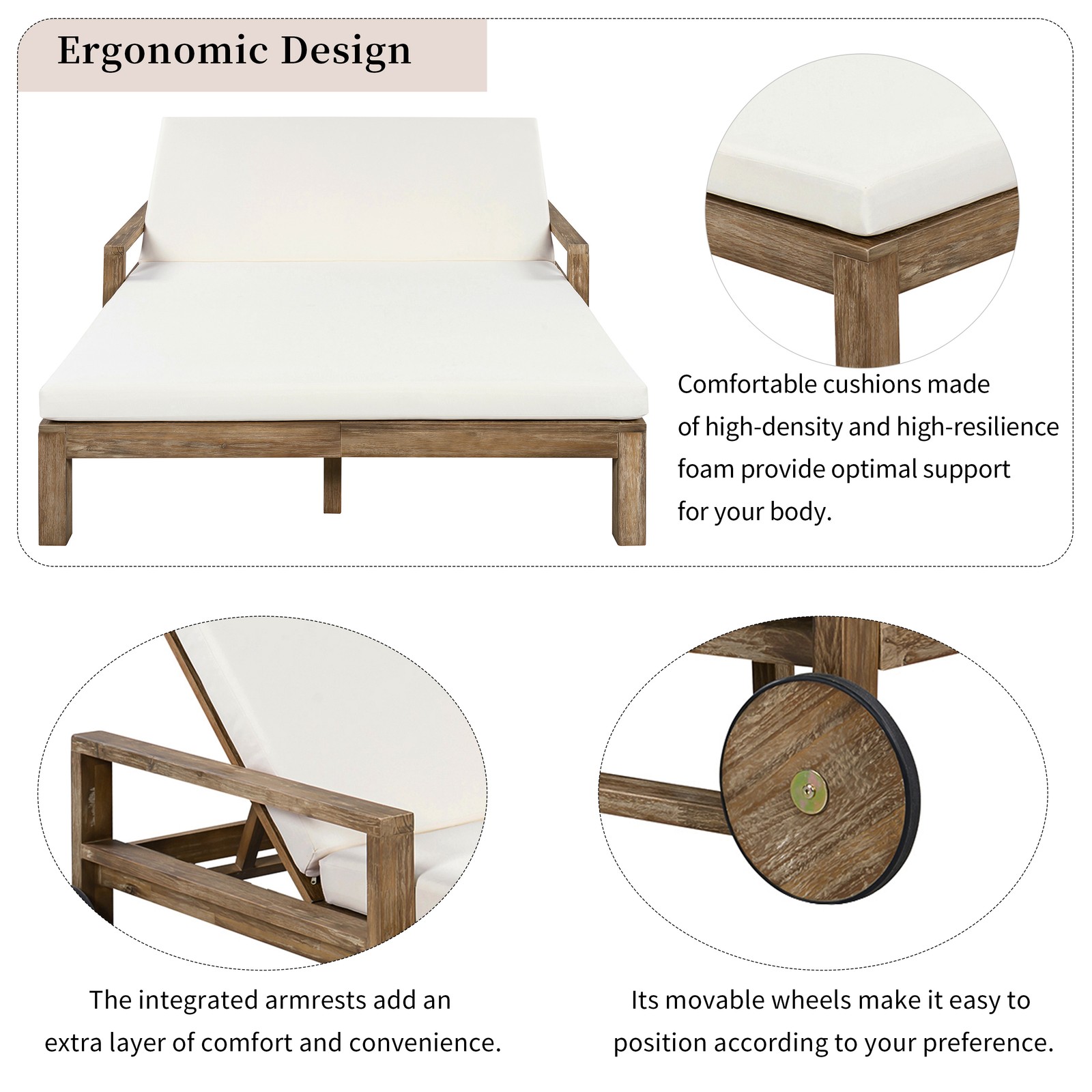 Farmhouse-Style Wooden Outdoor Sunbed Daybed Seats 2 People, Beige