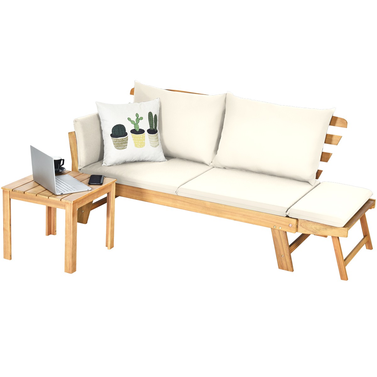Patio Convertible Sofa Daybed Solid Wood Adjustable Furni Thick Cushion White