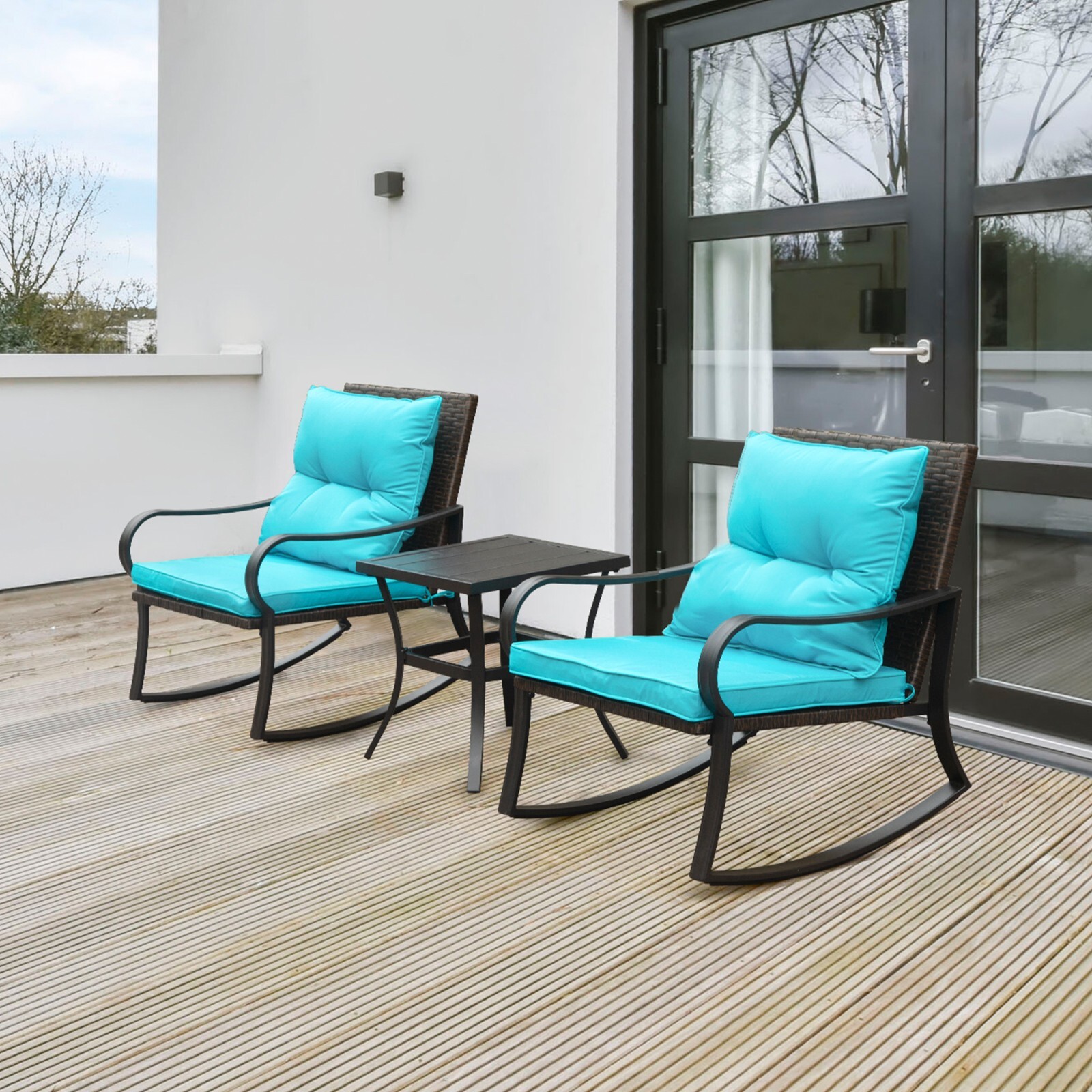 Domi 3 Pieces Bistro Set Outdoor Rocking Chair Wicker Patio Set w/1 Table