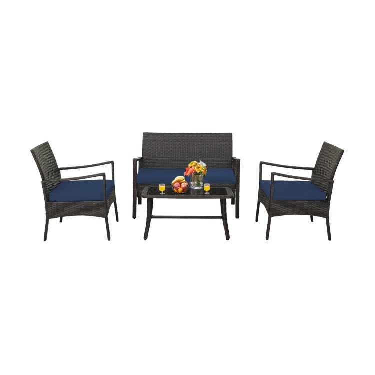 4pc Sturdy X-Frame Rattan Conversation Set w/ 100lb Tempered Glass Table