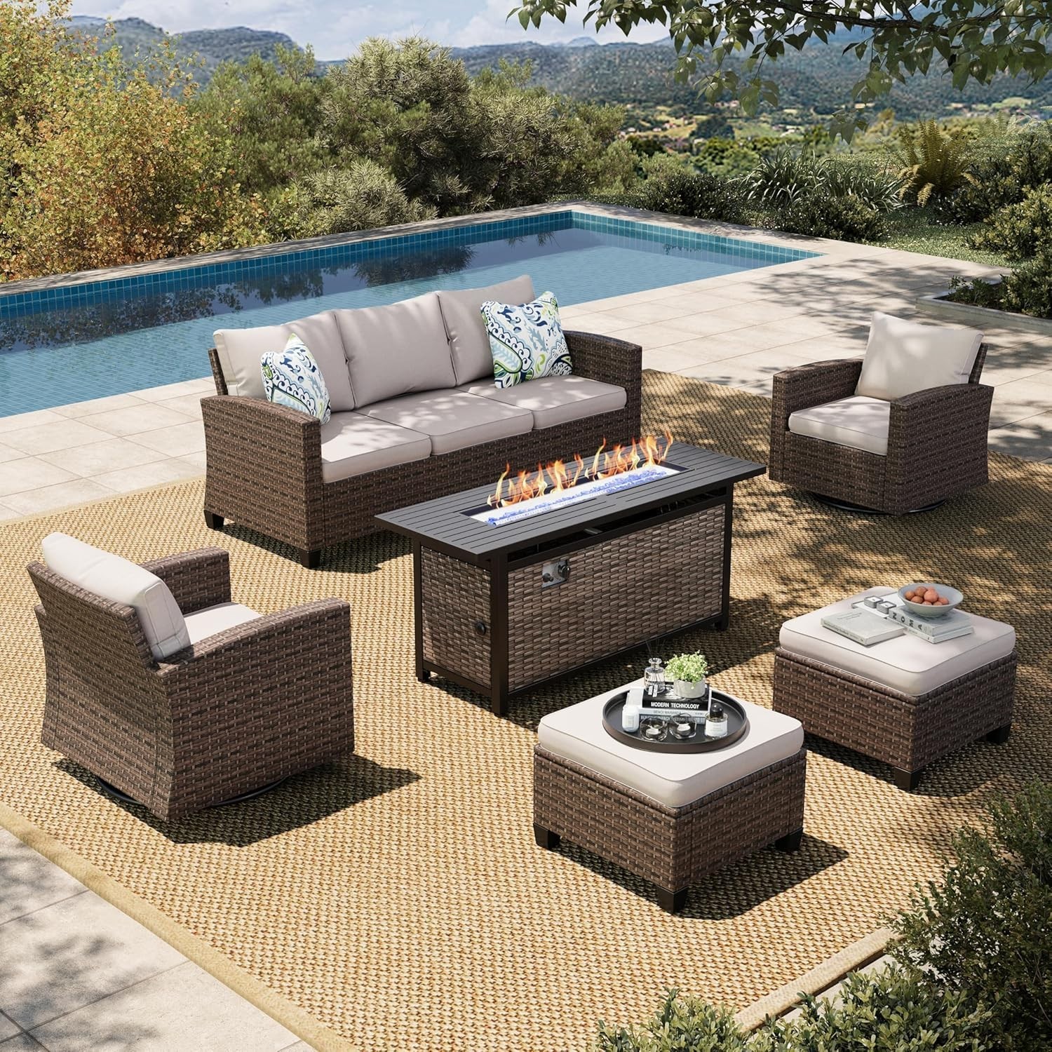 Customizable 6-Piece Outdoor Wicker Sofa & Fire Pit Set for Stylish Backyards