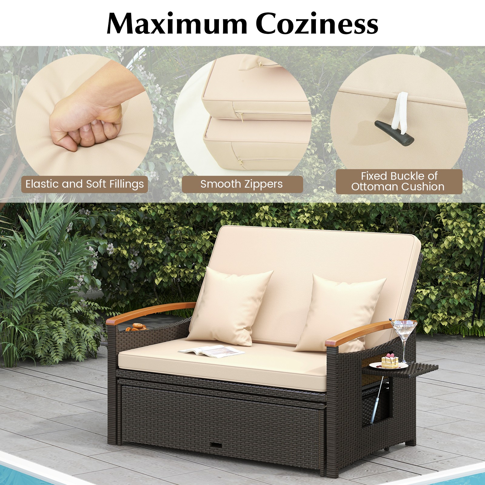 Patio Rattan Daybed Set with Cushioned Loveseat and Storage Ottoman Beige