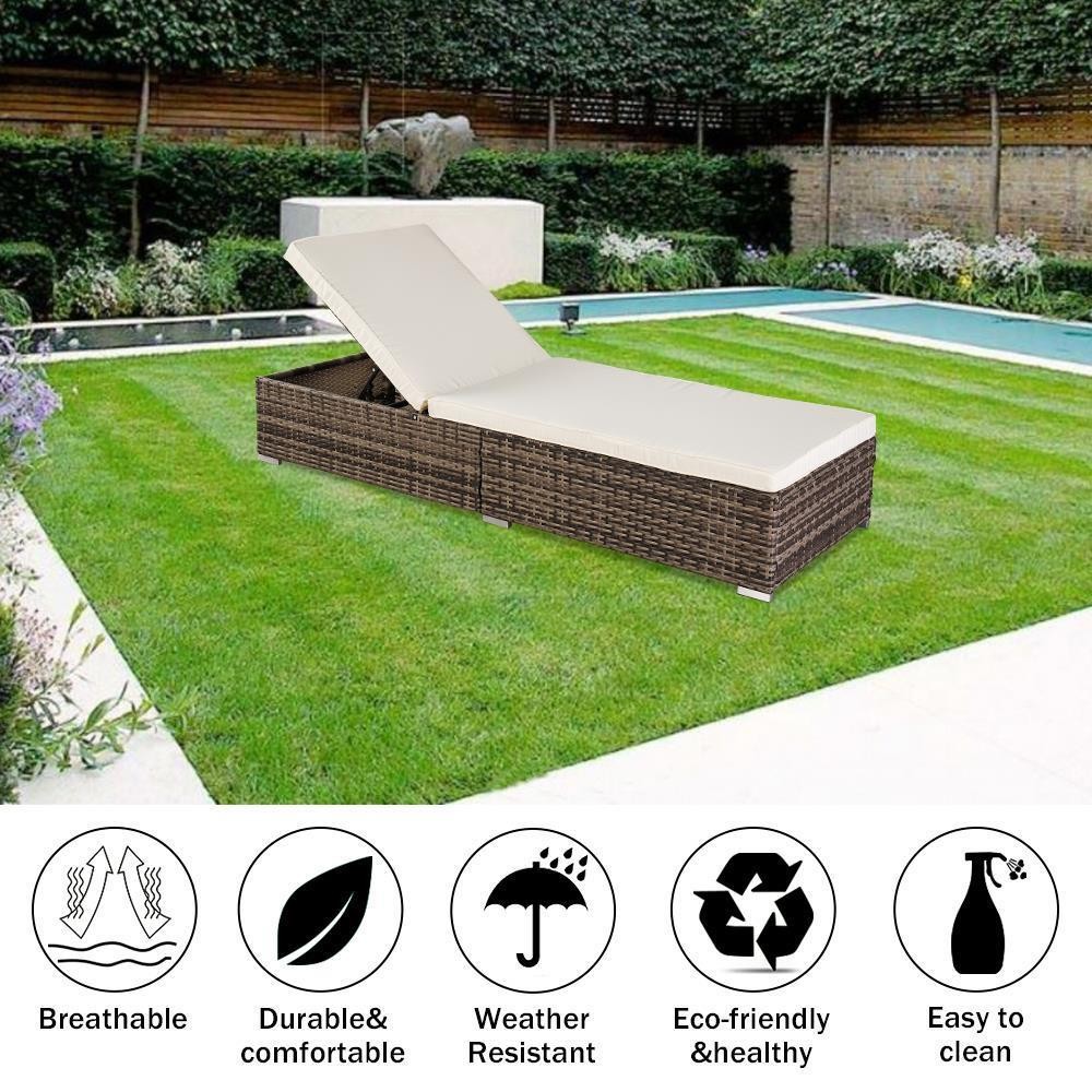Patio Rattan Chaise Lounge Chair, Outdoor Reclining Chaise with White Cushion