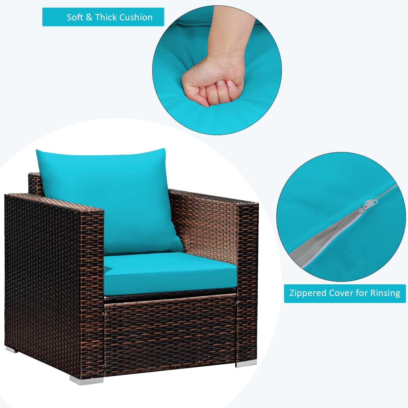 Patiojoy 3PCS Patio Rattan Furniture Set Conversation Sofa W/ Cushion Turquoise