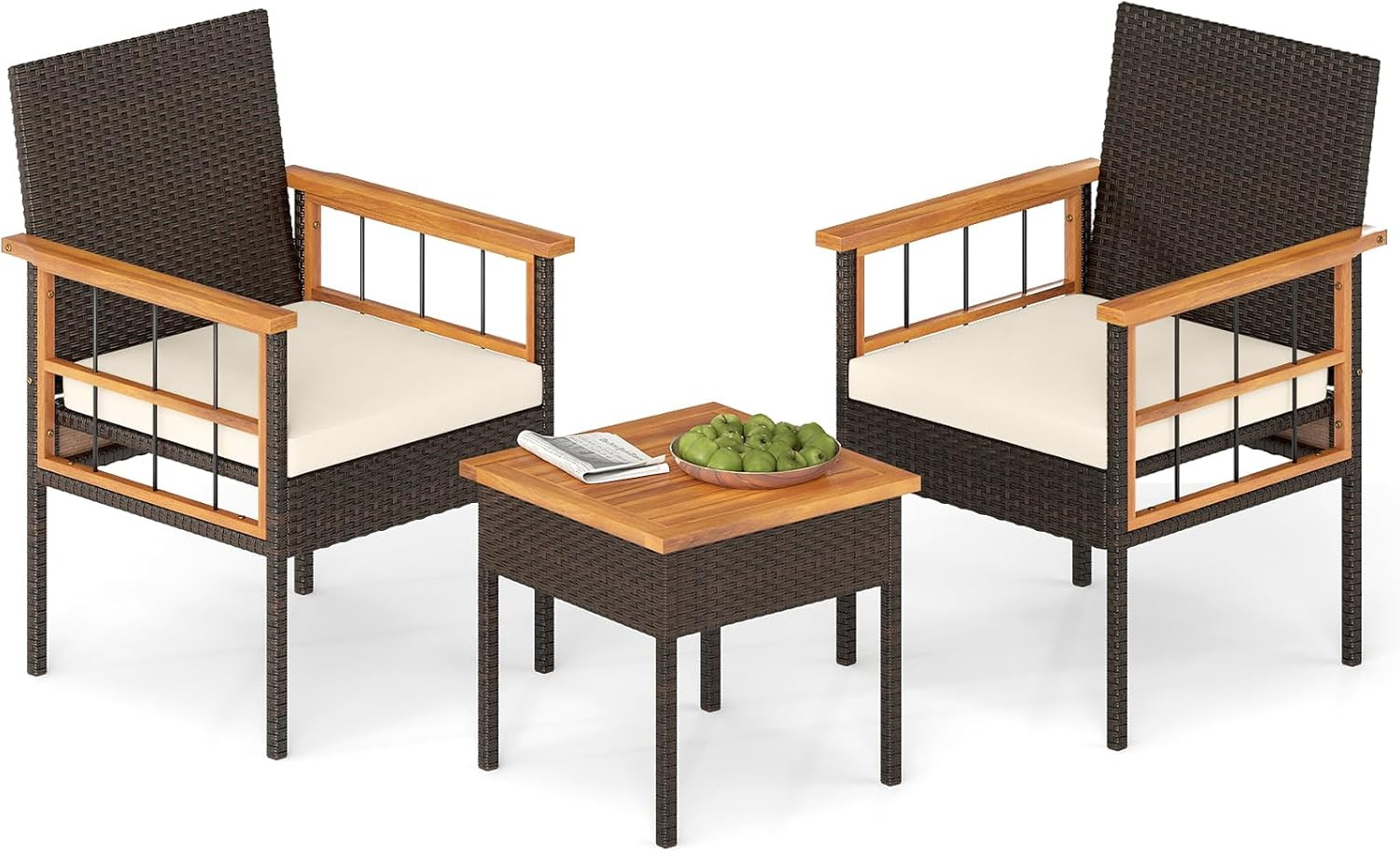 3 Piece Outdoor Wicker Conversation Furniture Set, Patio Rattan Cushioned Chair
