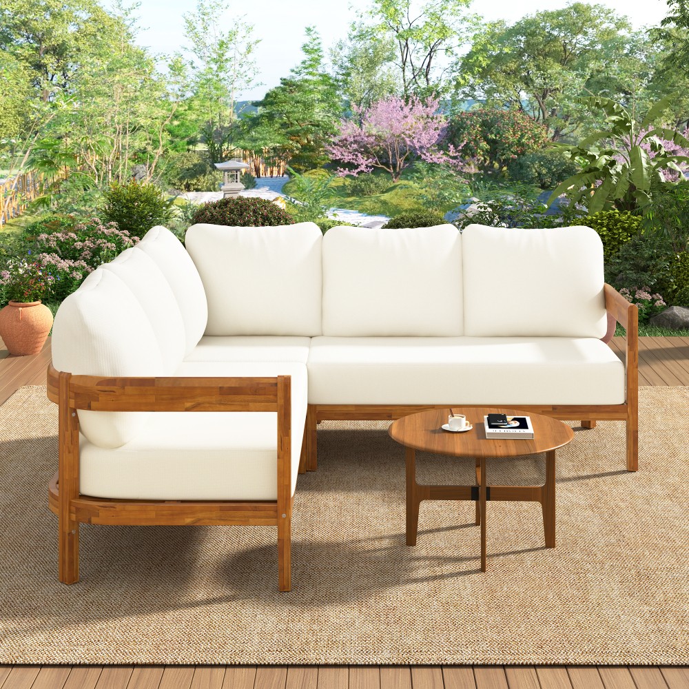 White Outdoor L-Shaped Patio Sofa Set with Cushions