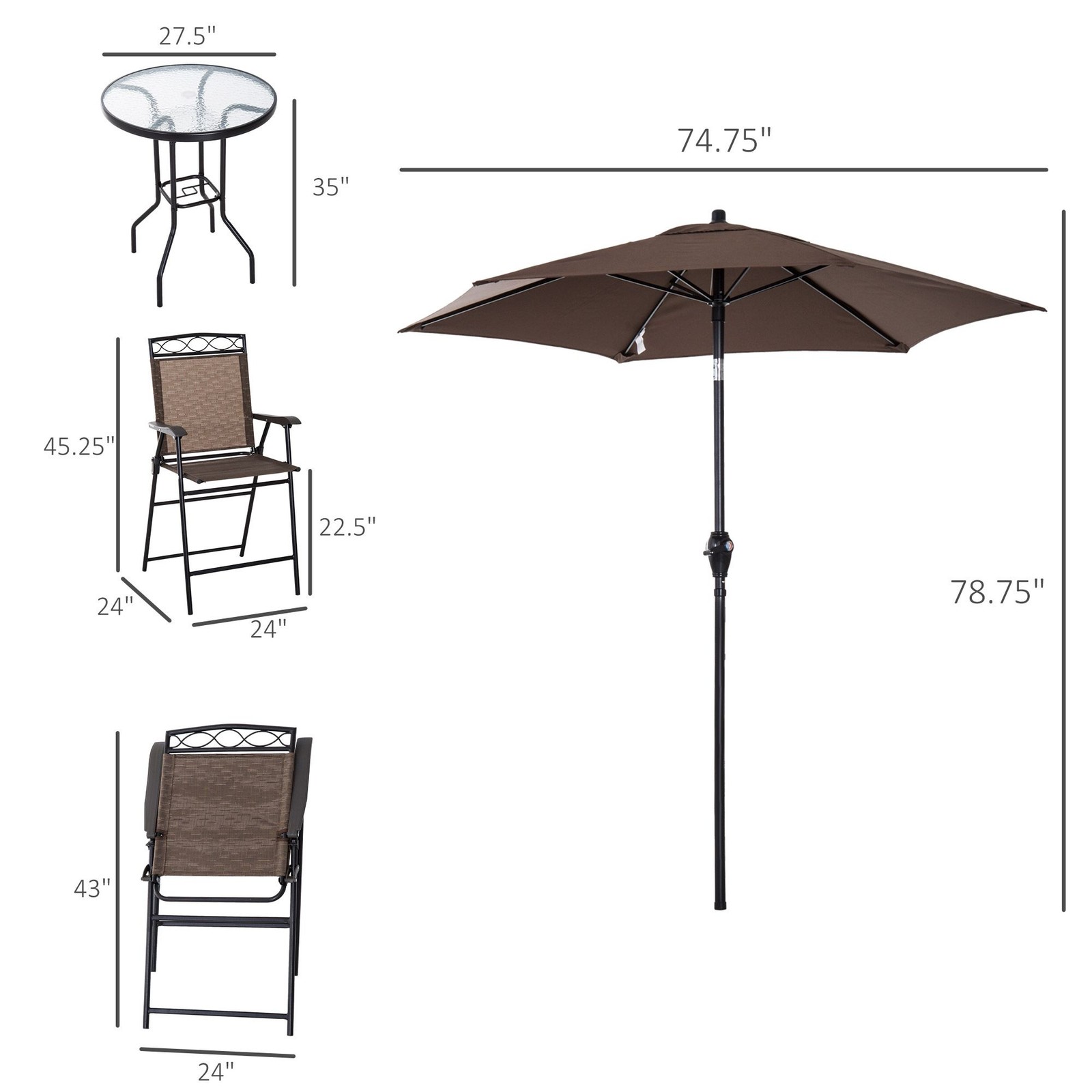 Patio Bar Set for 2: Tempered Glass Table, 2 Folding Chairs, 75in Tilt Umbrella