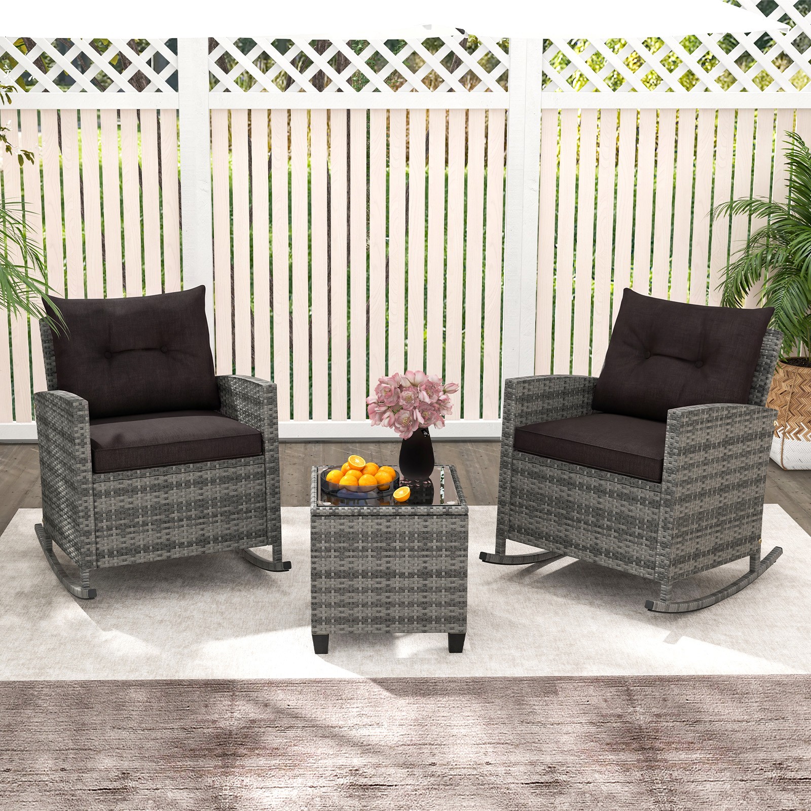 3 PCS Patio Wicker Rocking Set w/ Tempered Glass Table & Soft Cushions Outdoor