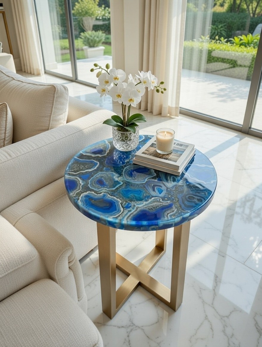 Blue Agate Corner Table Top – Natural Stone Luxury Side Table, Handmade Gemstone