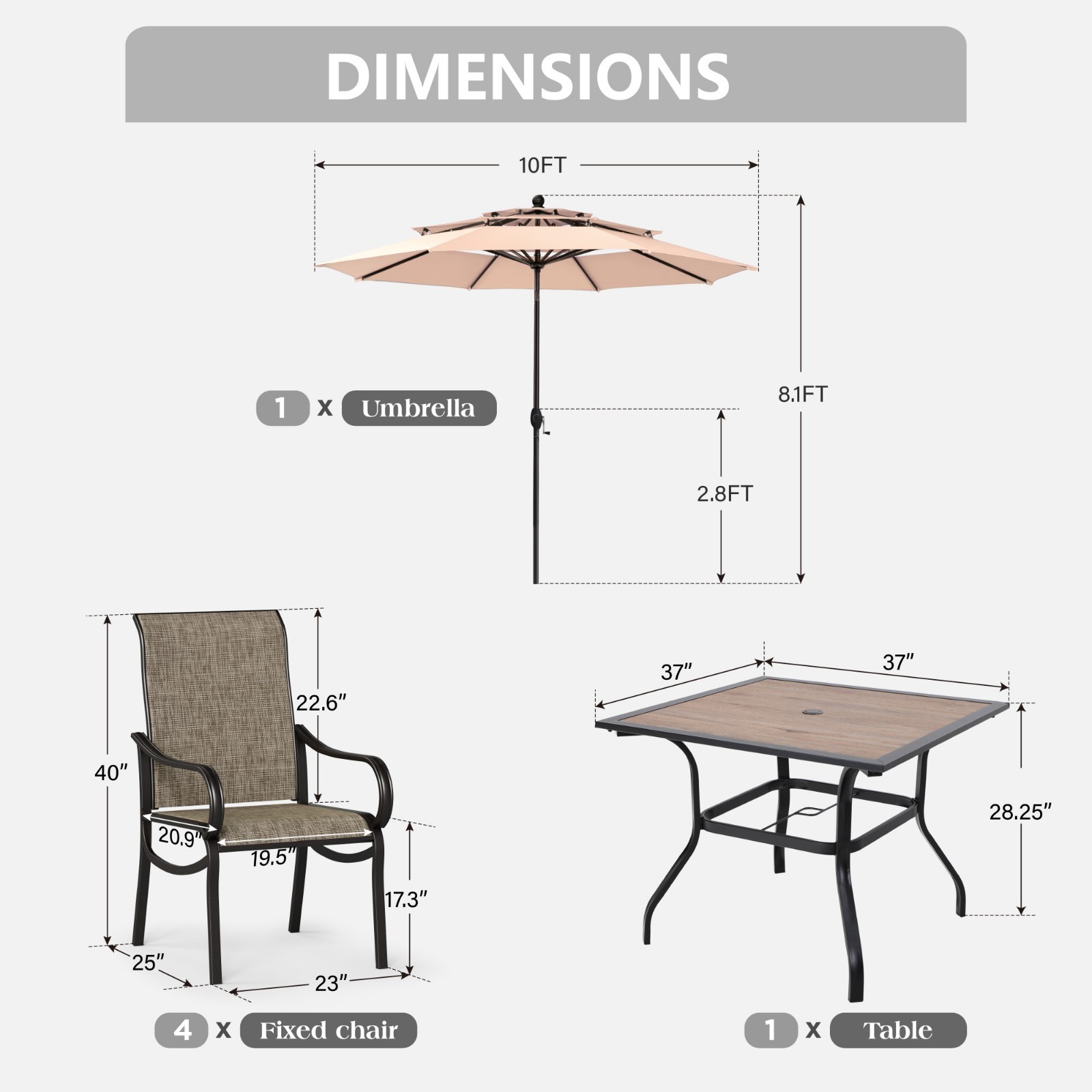 6 Piece Patio Table Chairs Set Outdoor Dining Set with Umbrella for Yard Lawn