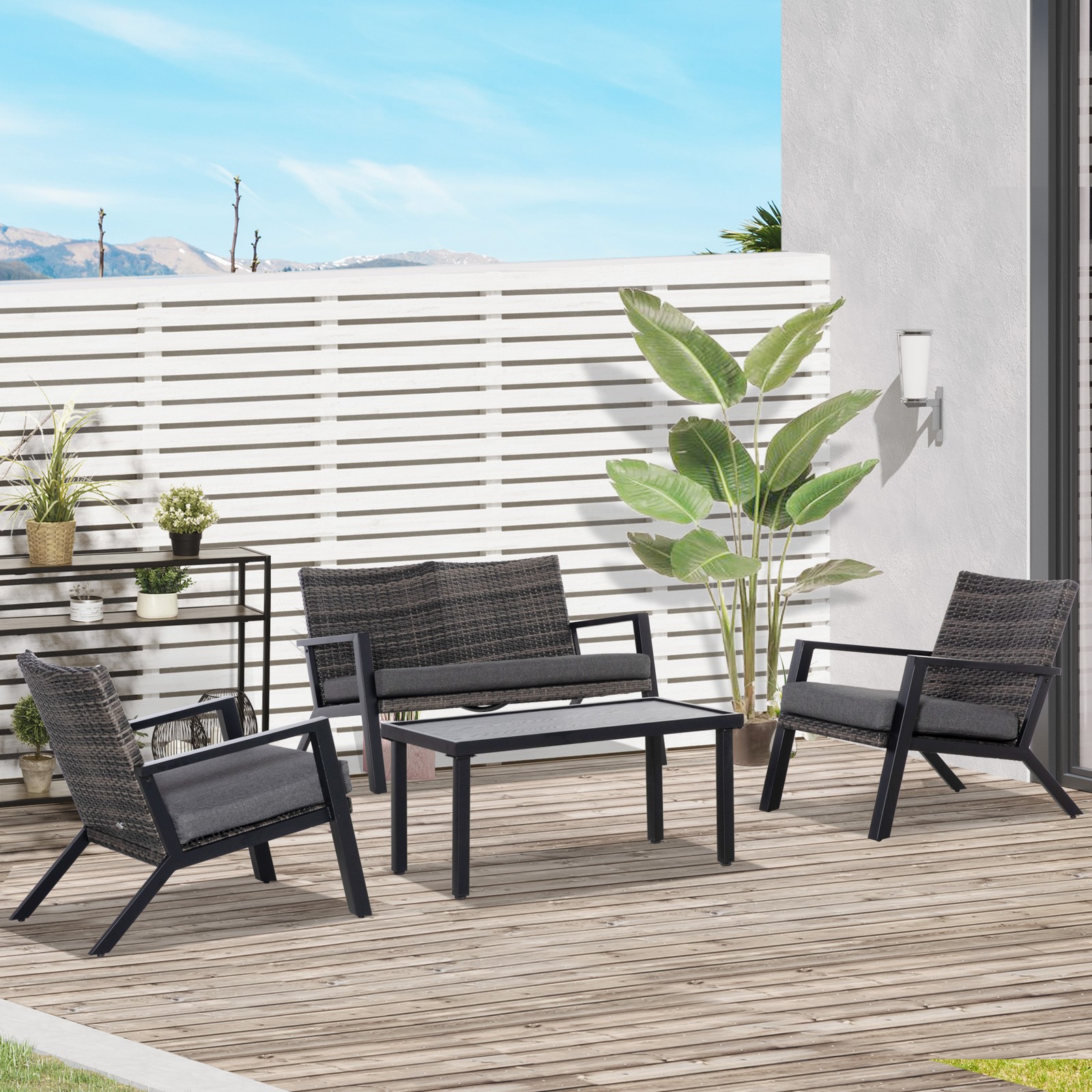 4PC Outdoor Wicker Patio Furniture Set, PE Rattan Sofa, 2 Chairs, Table, Black