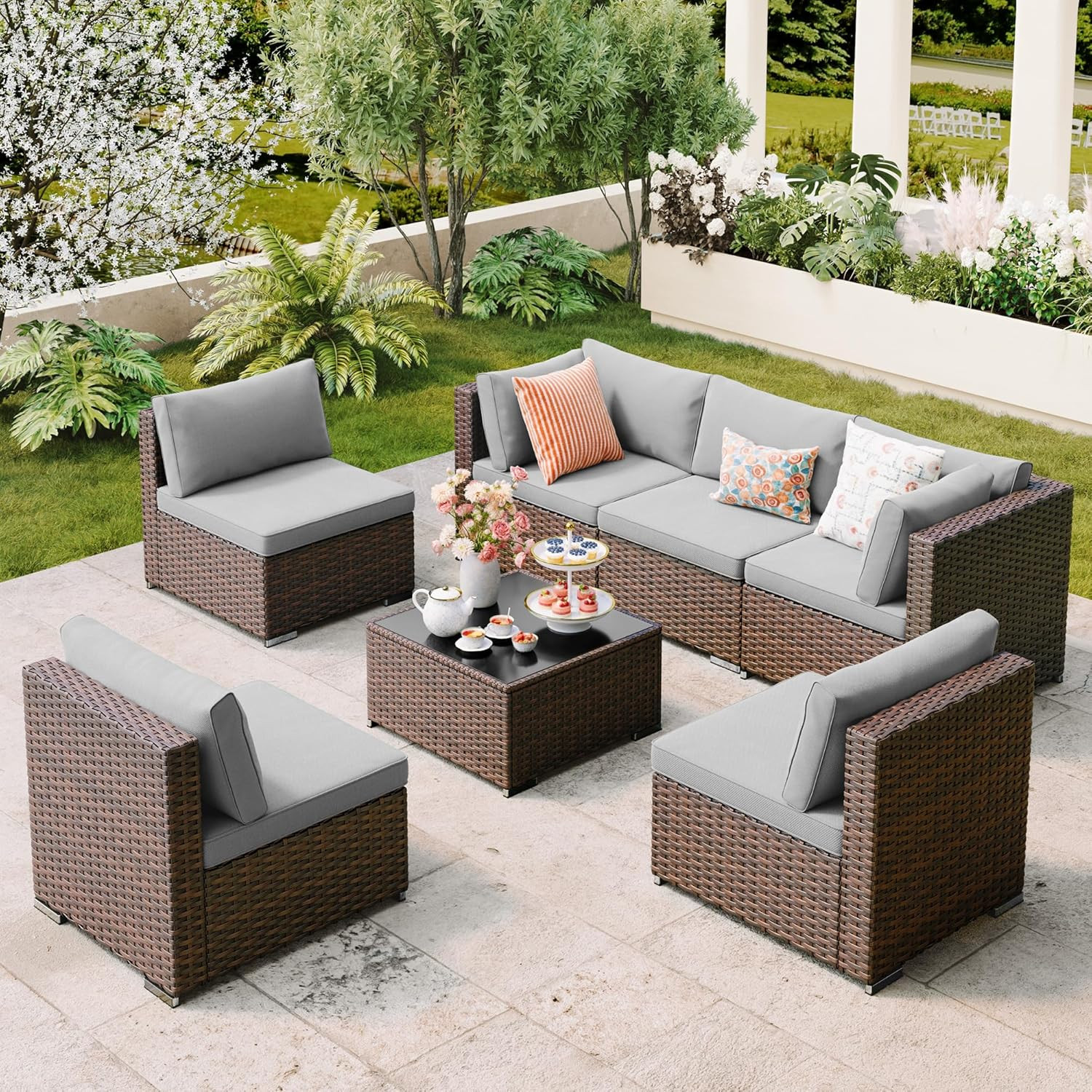 7 Pieces Outdoor Patio Furniture Set, PE Rattan Outdoor Wicker Sectional Furnitu