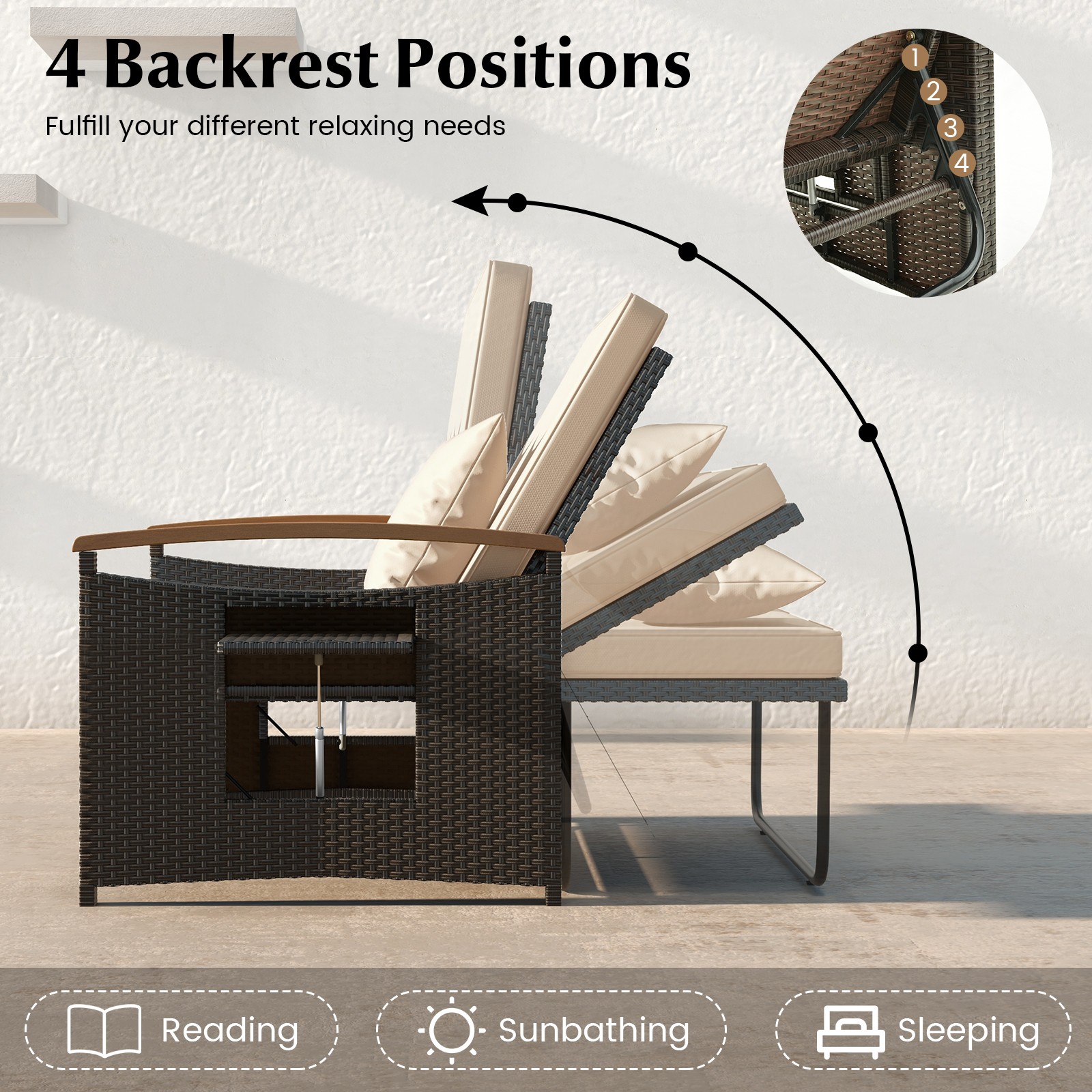 Patio Rattan Daybed Set with Cushioned Loveseat and Storage Ottoman Beige