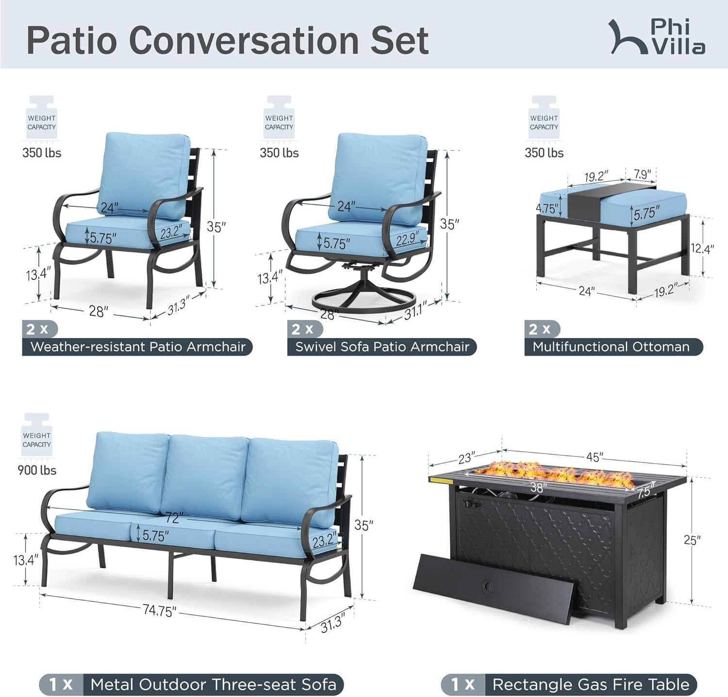 8 PCS Patio Furniture Set Garden Lawn Outdoor Set With Gas Fire Pit Table Heater