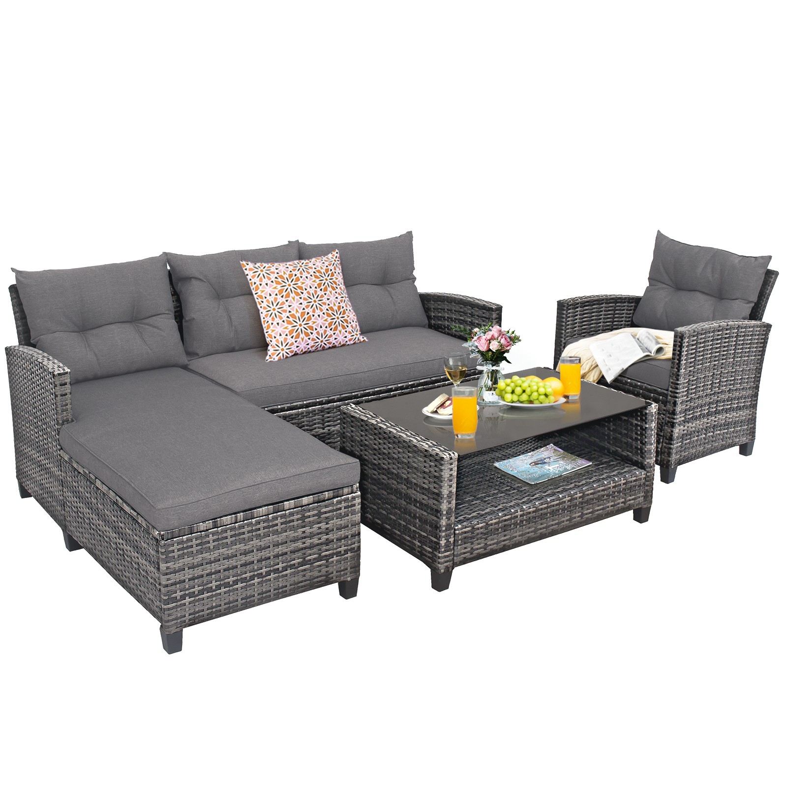 Patiojoy 4PCS Patio Rattan Furniture Set Sofa Ottoman Cushion Garden Deck Grey