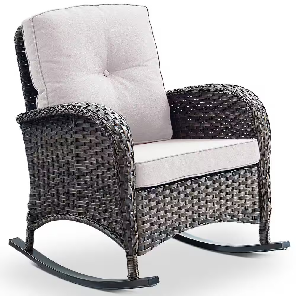 Brown Wicker Outdoor Rocking Chair, 1-Piece Patio Rattan Rocker Chair with Beige