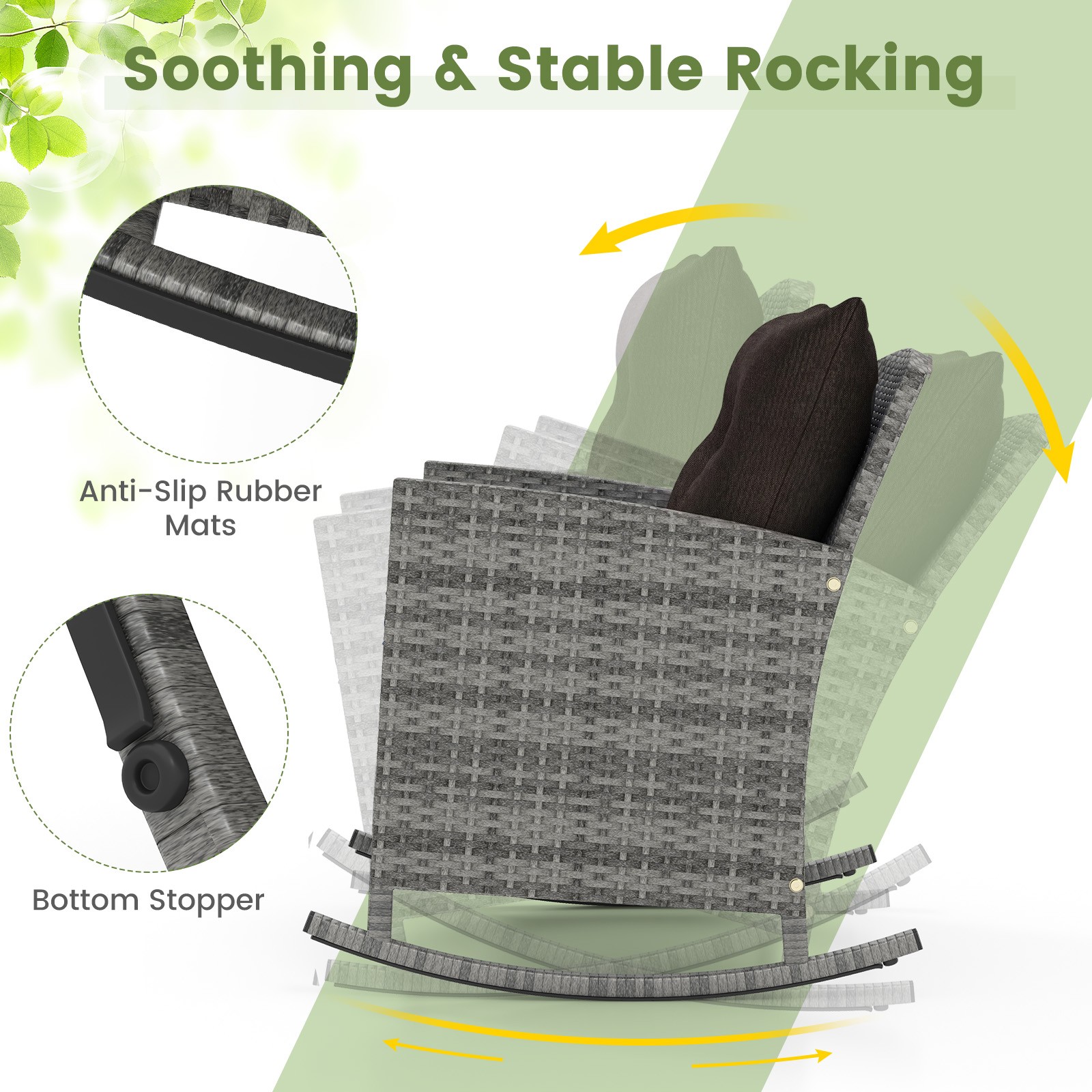 3 PCS Patio Wicker Rocking Set w/ Tempered Glass Table & Soft Cushions Outdoor