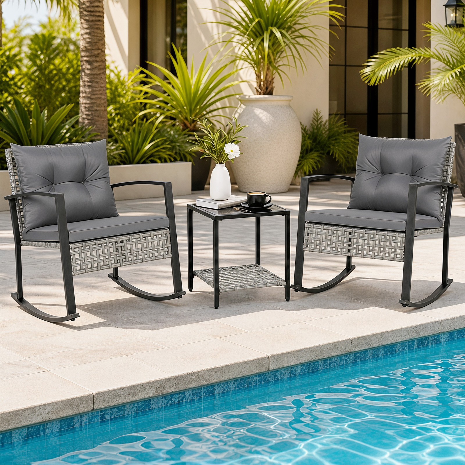 3-Piece Outdoor Rocking Chair Set with 2 Chairs and 2-Tier Glass-Top Coffee