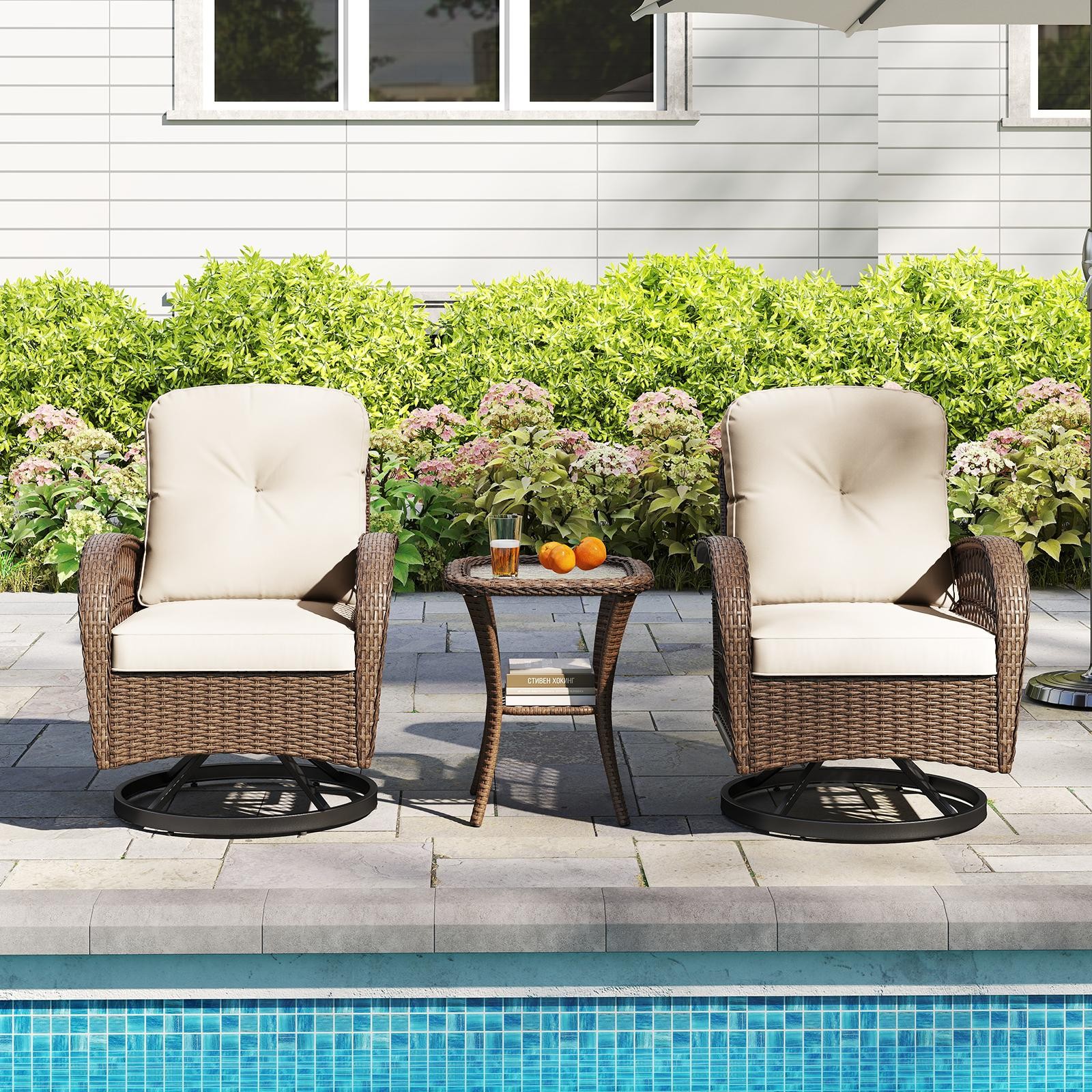 3PCS Patio Swivel Rocker Set Gliding Bistro Furniture Set w/Tempered Glass Table
