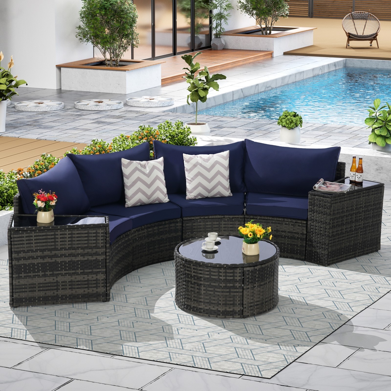 7-Piece Half-Moon Sectional Patio Set with Tempered Glass Table